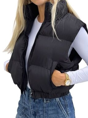 ANWND Billie Cropped Puffer Vest Zip Front Quilted Black Size Medium